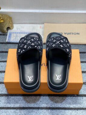 Louis Vuitton Monogram Denim Slide Sandals in Classic Black